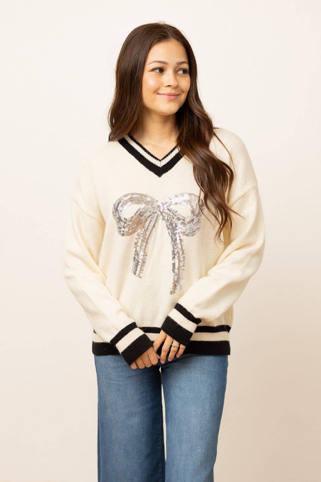 Silver Sequin Bow Sweater: Cream & Black Chic