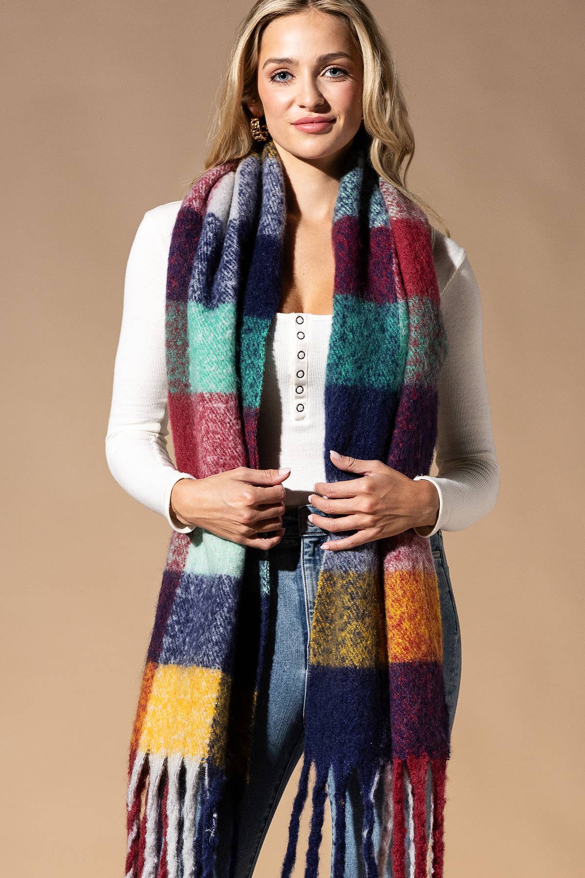 TWO COLORS - Multi Colored Brushed Plaid Oblong Scarf