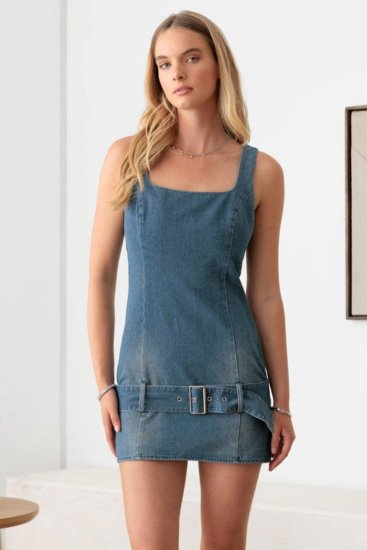 Low Slung Belt Mini Denim Dress