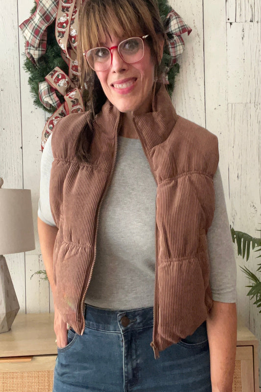 Cocoa Corduroy Puffer Vest With Pockets