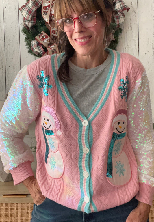 Snowman Cardigan with Sequin Sleeves