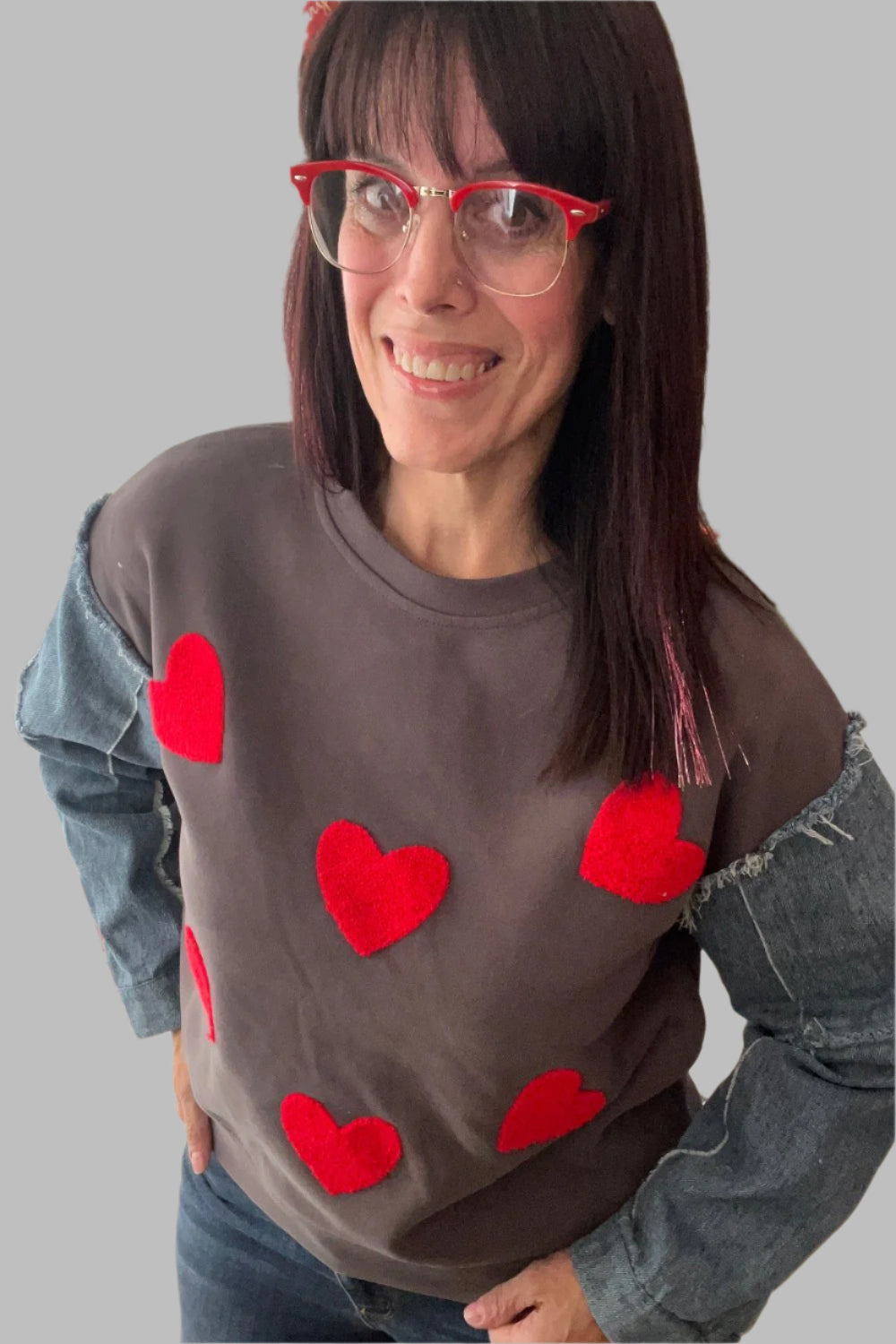 Denim and Bold Red Heart Sweatshirt Top