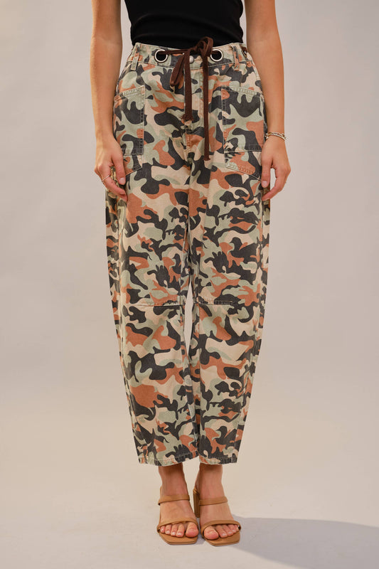 Camo Print Barrel Leg Pants