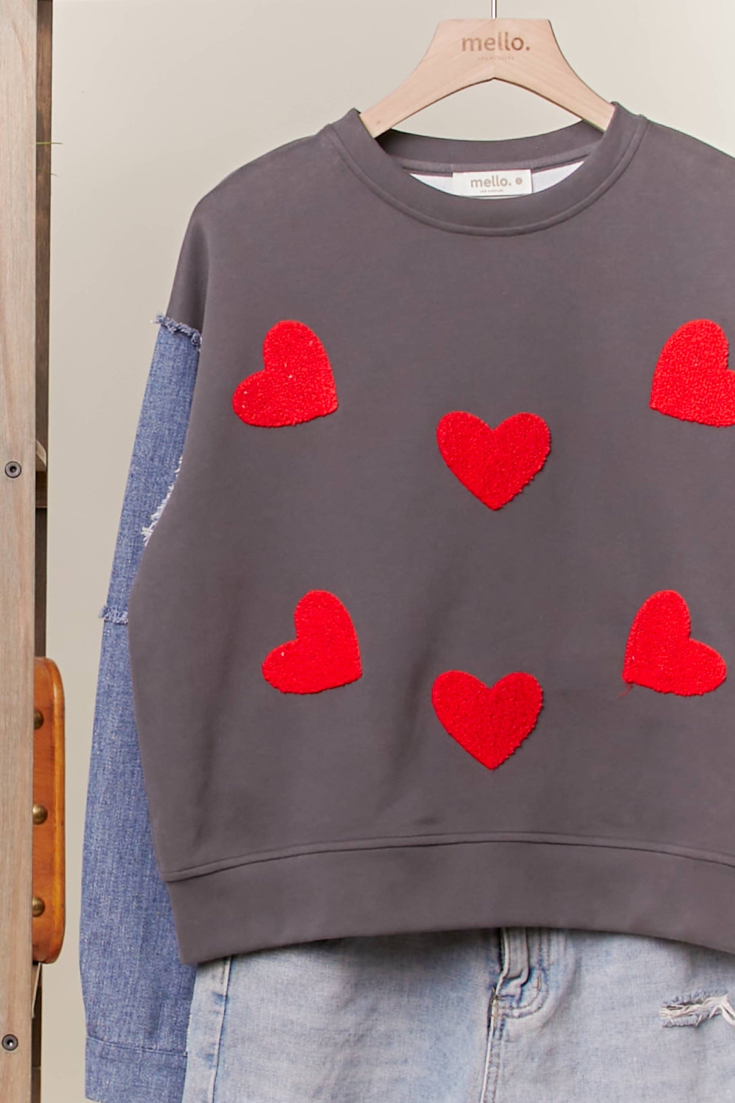 Denim and Bold Red Heart Sweatshirt Top