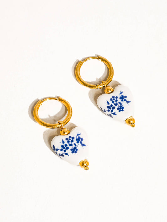18K Gold Non-Tarnish Ceramic Floral Heart Earring