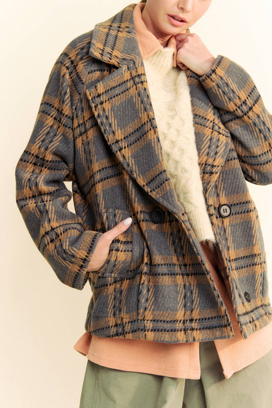 MULTI PLAID DOUBLE BREASTED FULL LINED JACKET COAT