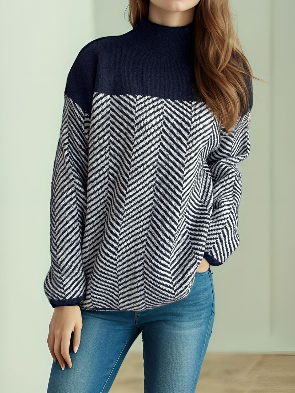 Contrast Turtleneck Long Sleeve Sweater