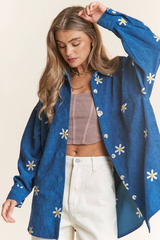 Daisy Embroidered Button Down Shacket