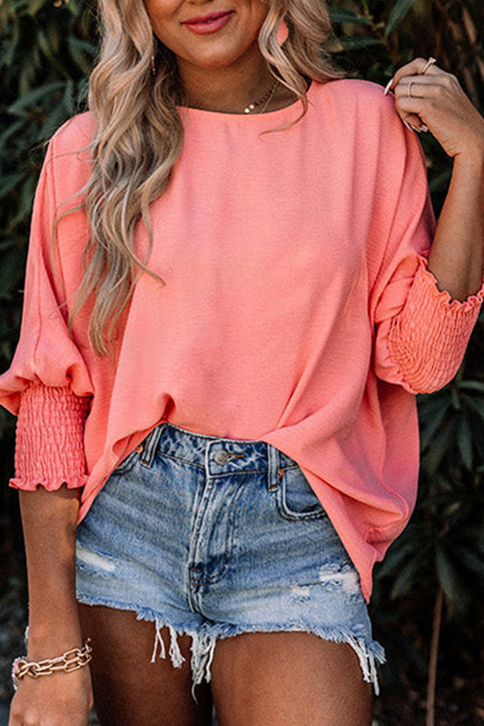 Coral Smocked Wrist Shift Top