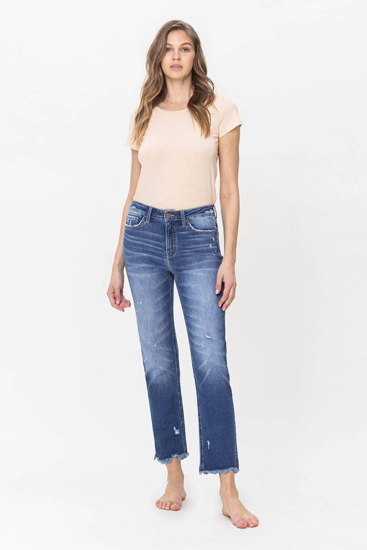 FYING MONKEY - HIGH RISE SLIM STRAIGHT JEANS WITH RAW HEM DETAIL F5243