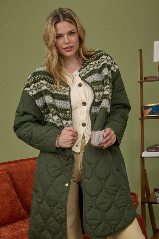 QUILTED LONG PUFFER COAT WITH SHERPA DETAIL