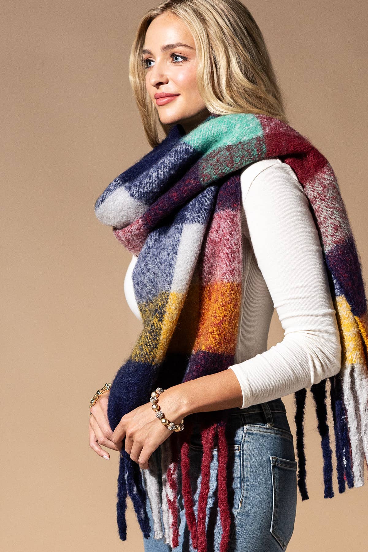 TWO COLORS - Multi Colored Brushed Plaid Oblong Scarf