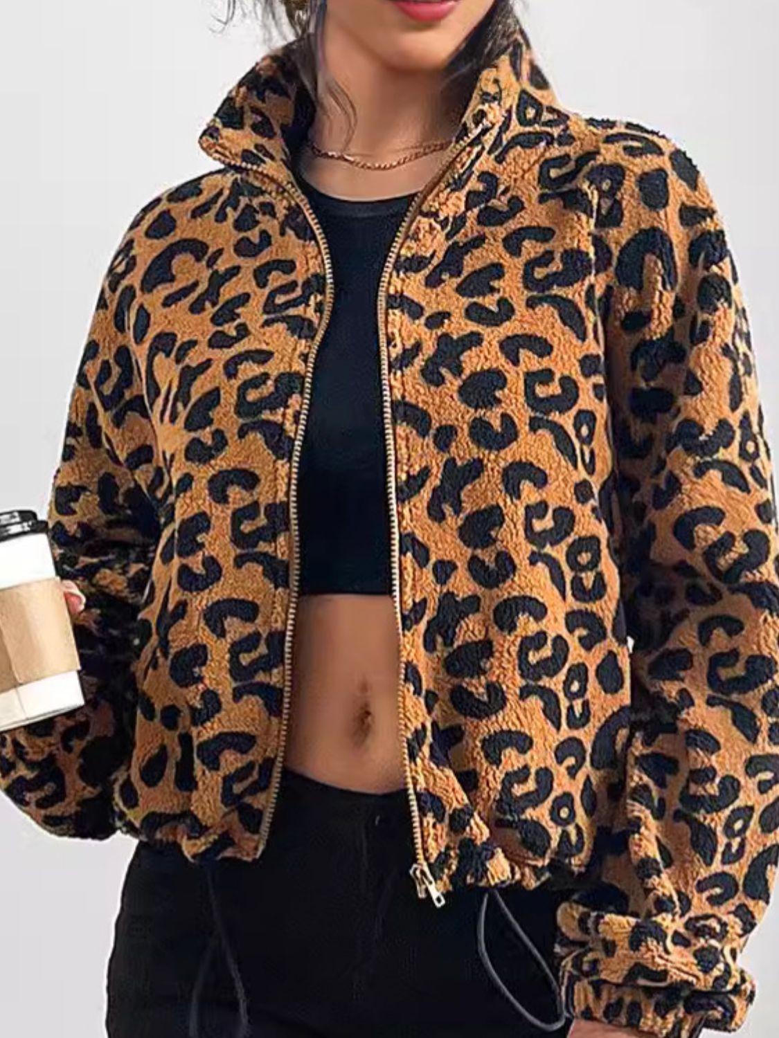 Leopard Zip Up Long Sleeve Jacket