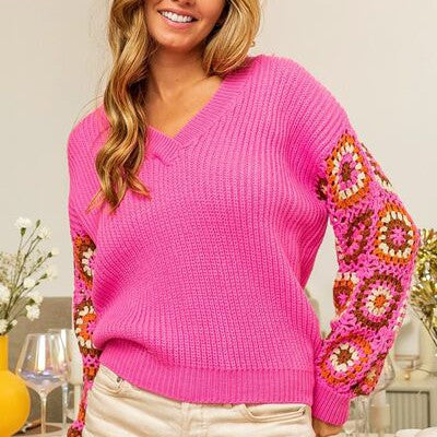 BiBi V-Neck Crochet Long Sleeve Sweater