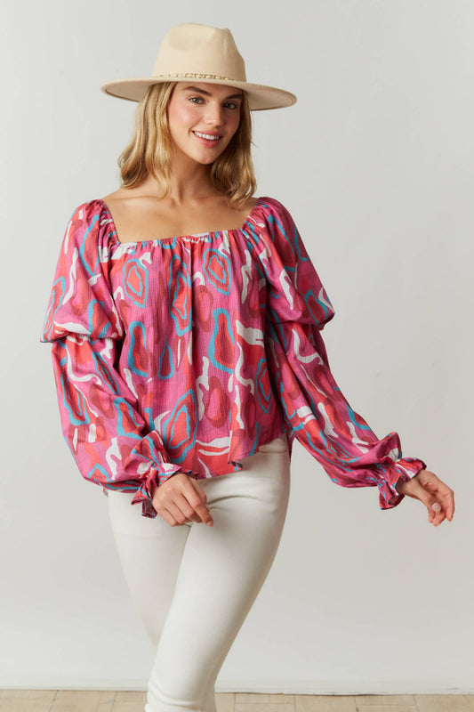 Camo Print Woven Top: MAGENTA / L