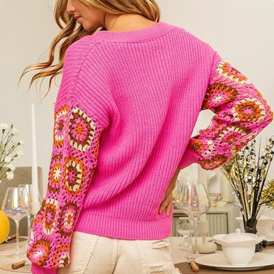 BiBi V-Neck Crochet Long Sleeve Sweater